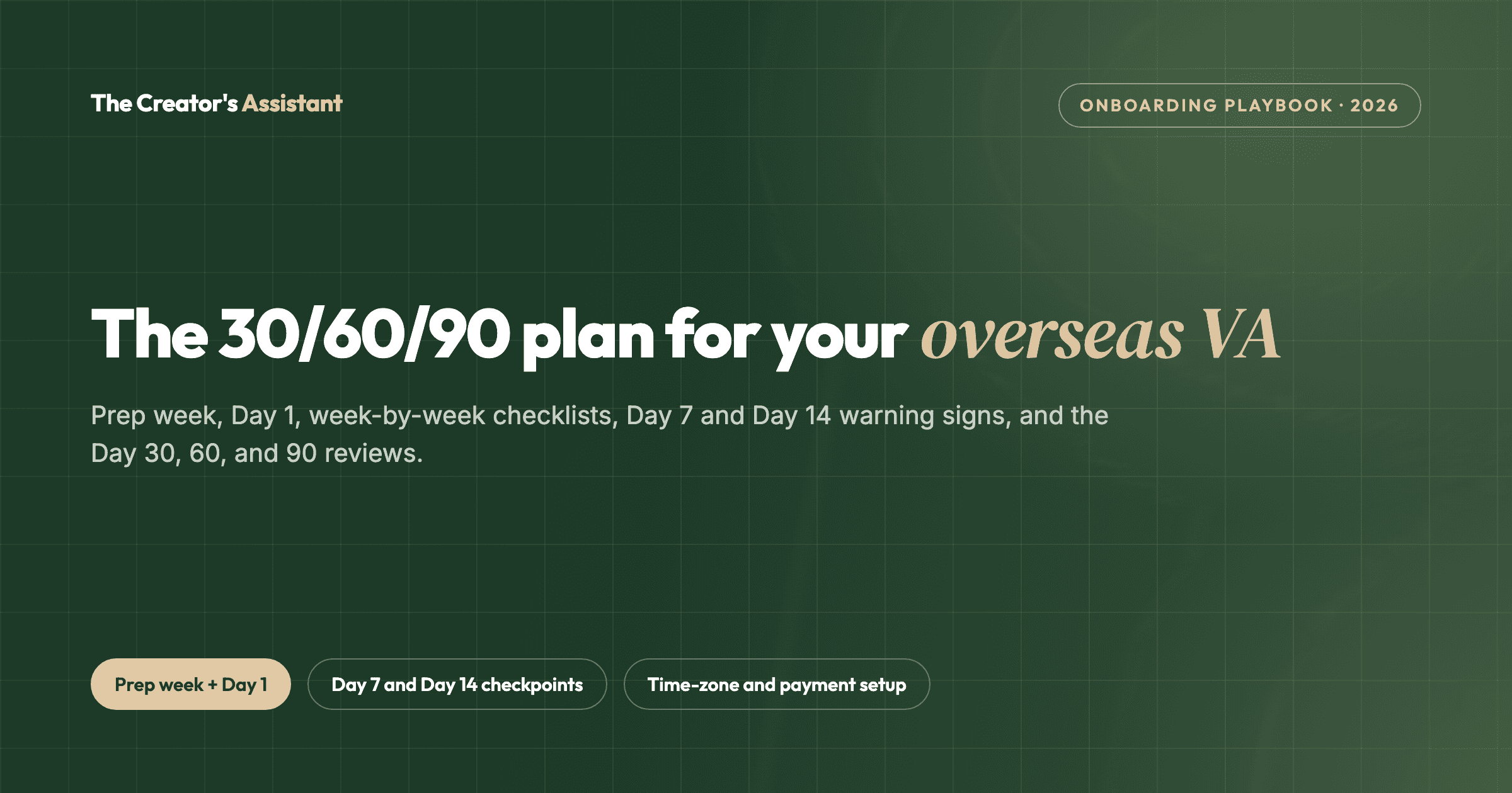 30/60/90-day onboarding plan for an overseas virtual assistant, from prep week to the Day 90 review.