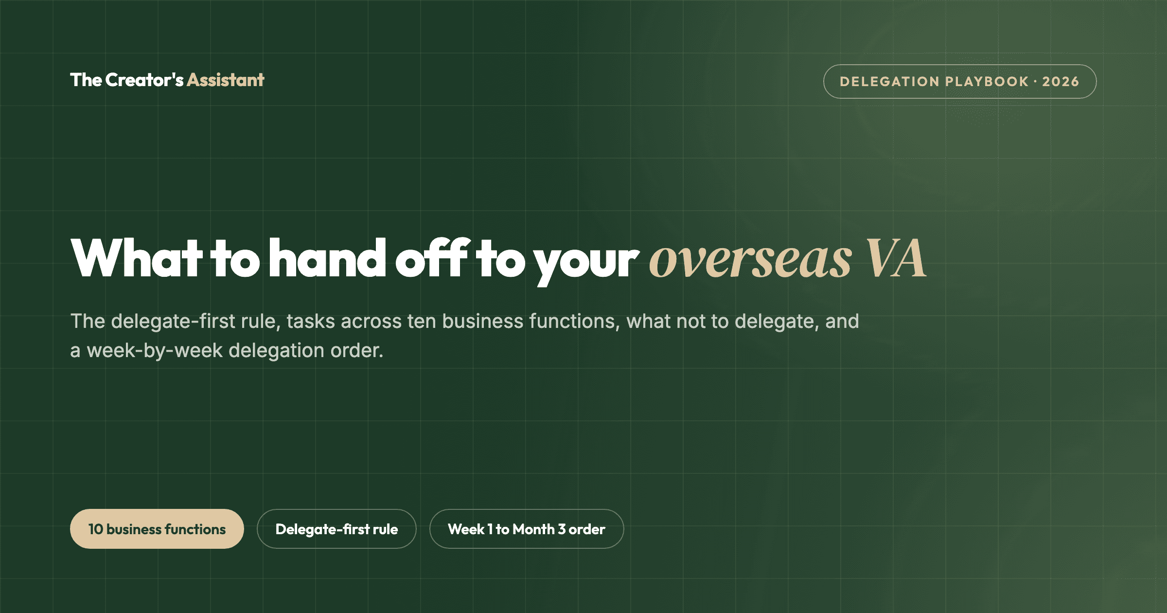 Tasks to delegate to an overseas virtual assistant across ten business functions, with a delegation order.