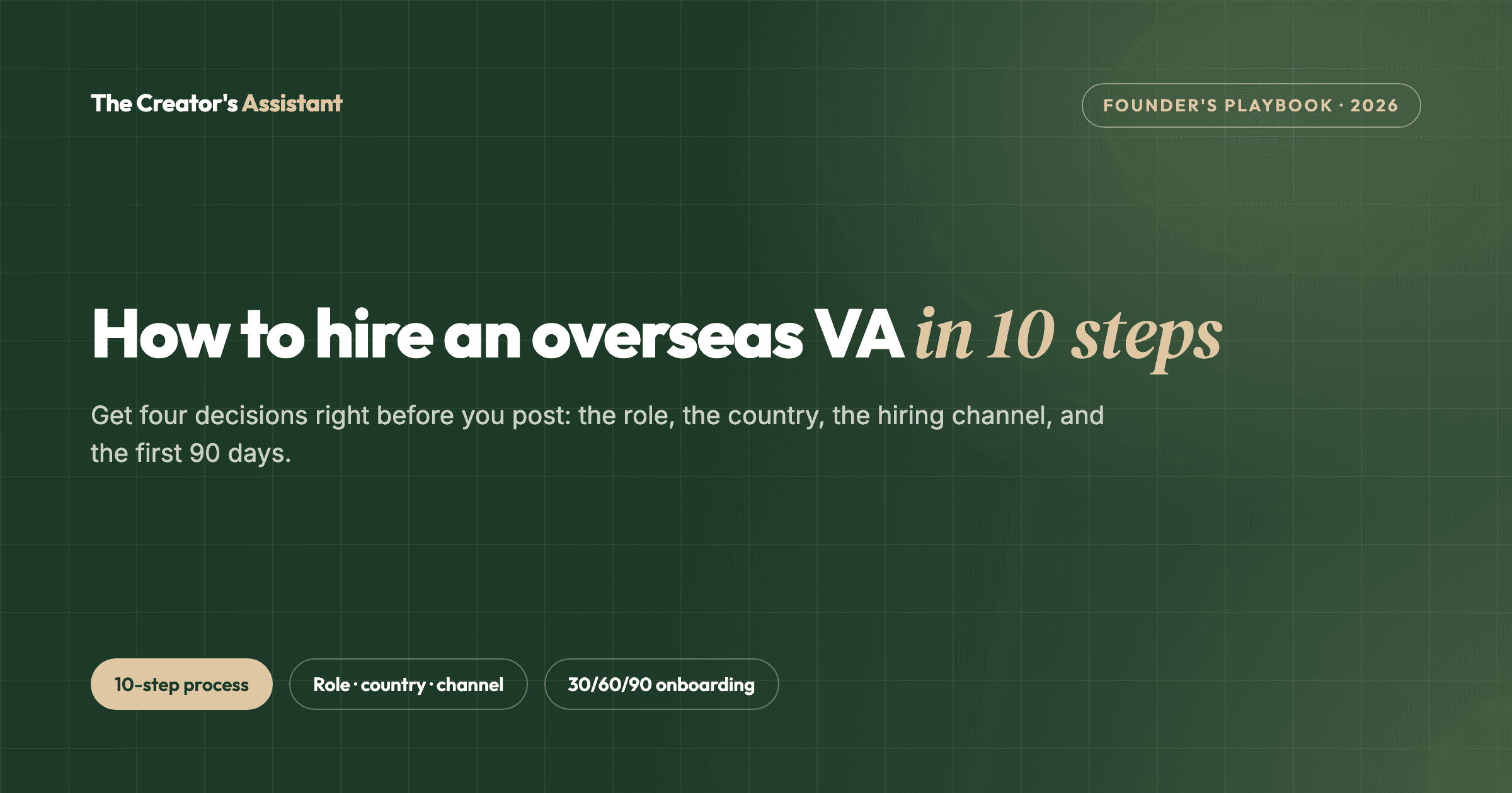 How to hire an overseas virtual assistant in 10 steps, from scoping the role to the 30/60/90-day plan.