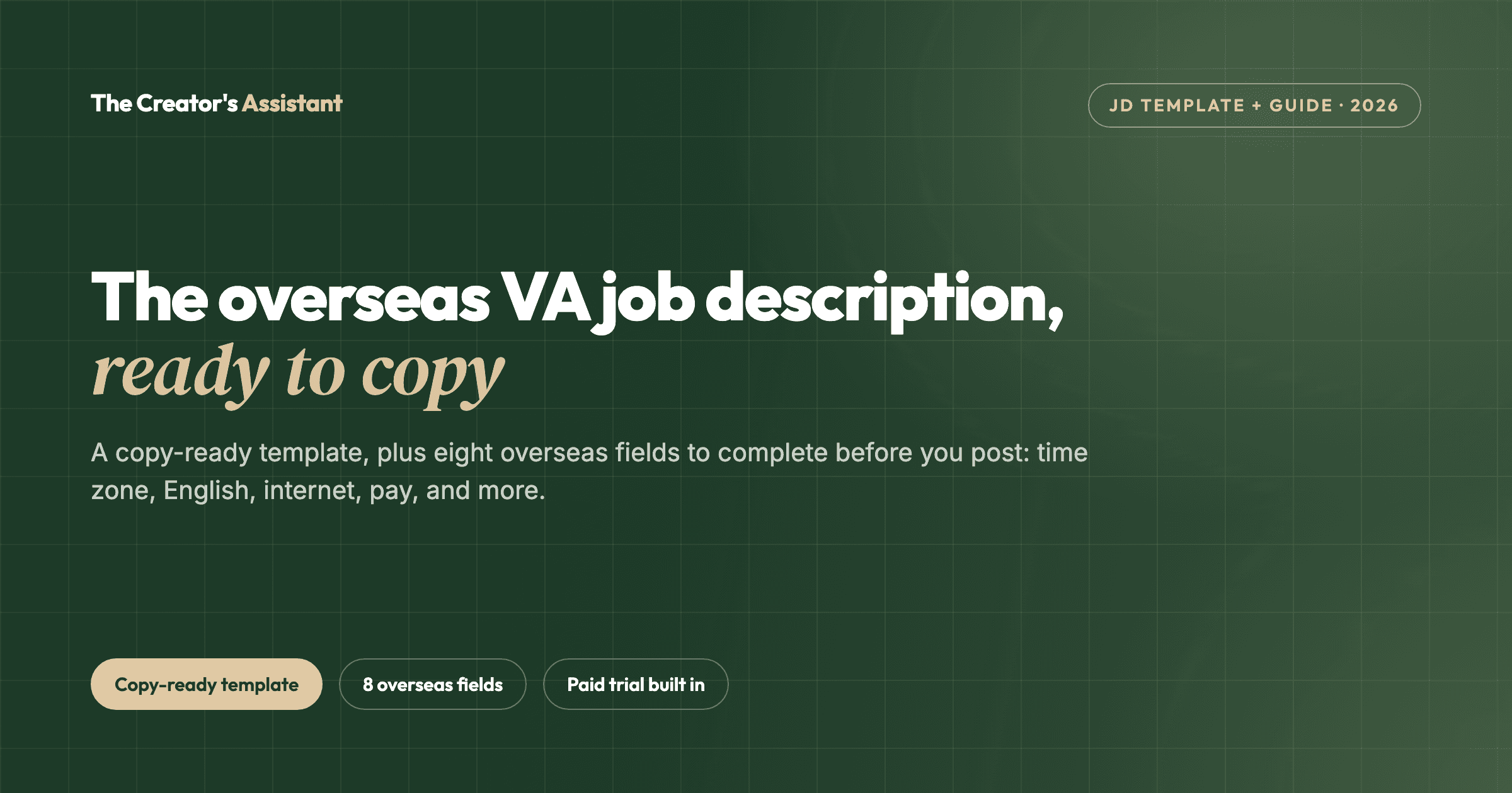 Overseas virtual assistant job description template with eight overseas fields to complete before posting.