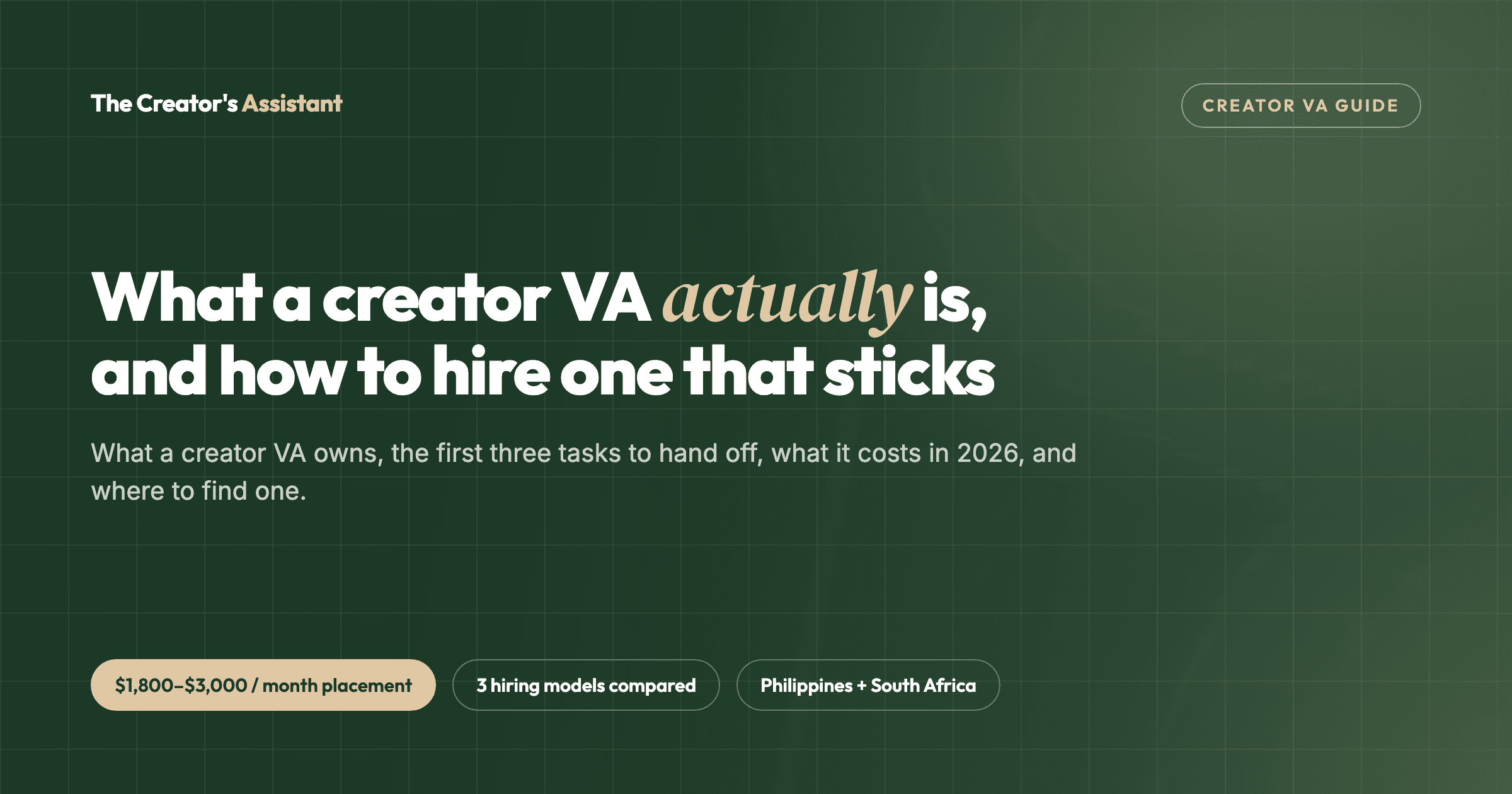 What a creator VA is and how to hire one: the first three tasks to hand off, 3 hiring models compared, and talent from the Philippines and South Africa.