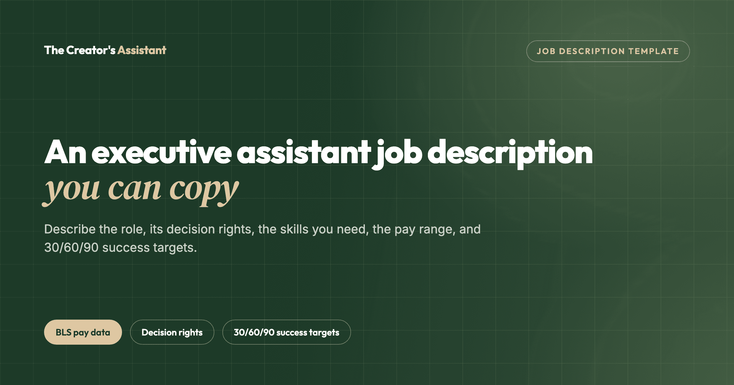 An executive assistant job description you can copy, with BLS pay data, decision rights, and 30/60/90 success targets.